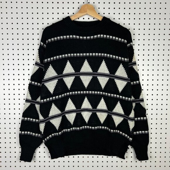 Chunky Multicolor Knit Sweater Size Medium Black White Western Aztec Grandpa 90s - Picture 1 of 7
